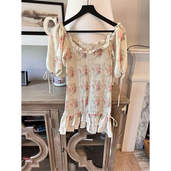 For Love Bell Puff Sleeve Smocked Floral Mini Dress Ruffles Size Medium - Picture 3 of 12